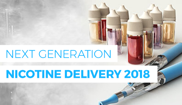 2 disposables, 9 e-liquid bottles, and a text: next generation nicotine delivery 2018