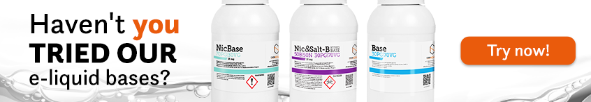 3 bottles: nicbase nicotine base, nic&salt hybrid base, nicotine free base, a text: haven't you tried our e-liquid bases yet? and a button: try now!