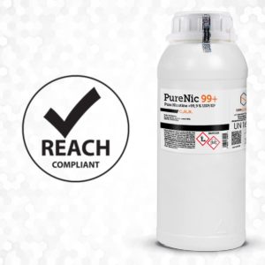 a bottle of purenic 99+ pure nicotine liquid, and a checkmark with text reach registered