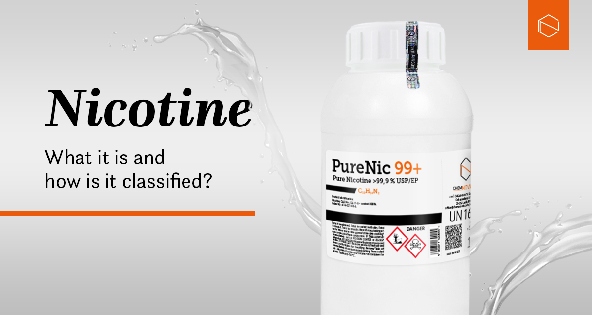a bottle of pure nicotine liquid PureNic 99+ and a text: nicotine what it is and how is it classified?