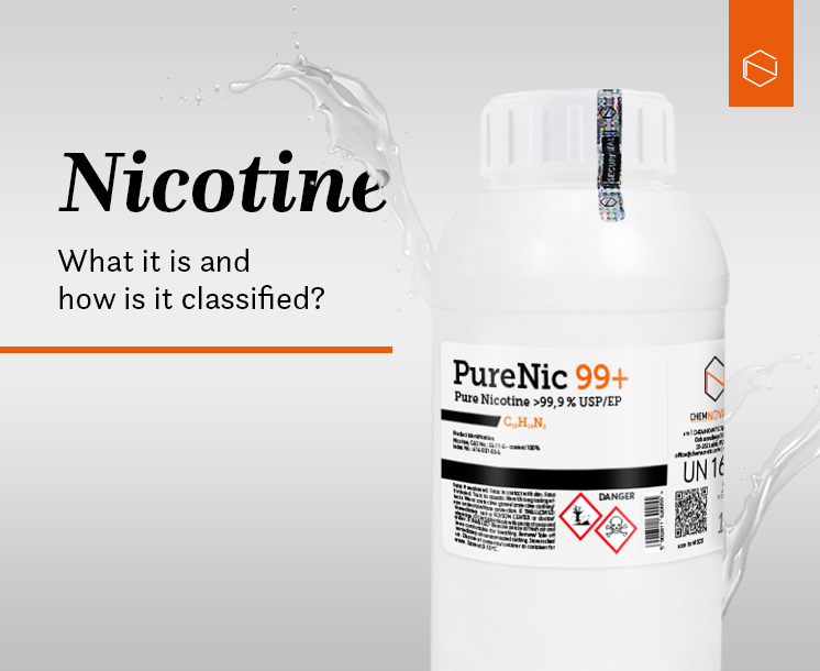 a bottle of pure nicotine liquid PureNic 99+ and a text: nicotine what it is and how is it classified?