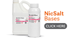 2 Nicotine salt base bottles - 5l and 1l - and a text: nicotine salt bases, click here