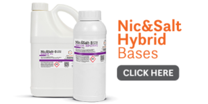 2 Nic&salt hybrid base bottles - 5l and 1l - and a text: nicotine salt bases, click here