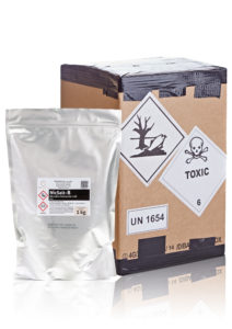 a bag of nicotine salt benzoate nicsalt-b and a box with hazard symbols