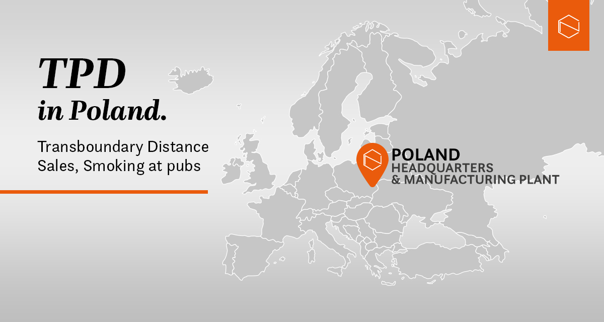 map of europe with Poland marked, chemnovatic logo in the marker, text near it: Poland, headquarters & manufacturing plant, and a text: TPD in Poland, transboundary distance sales, smoking in pubs.