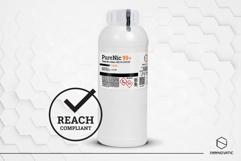 a bottle of pure nicotine liquid purenic 99+ and a REACH compliant checkmark