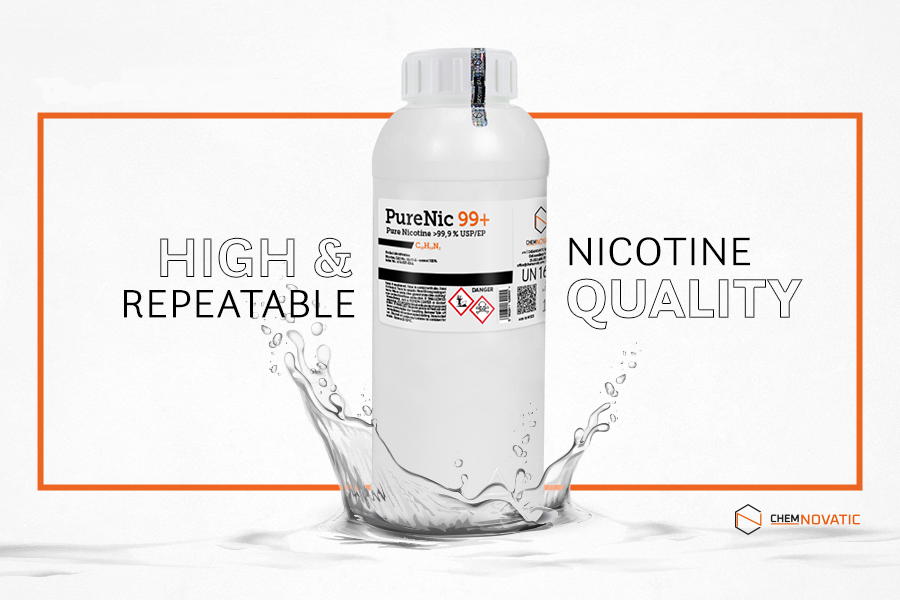 1l bottle of purenic 99+ pure nicotine liquid and a text: high & repeatable nicotine quality