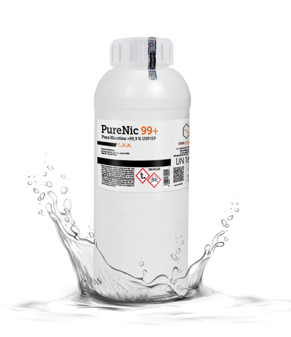 A bottle of PureNic 99+, pure nicotine liquid.