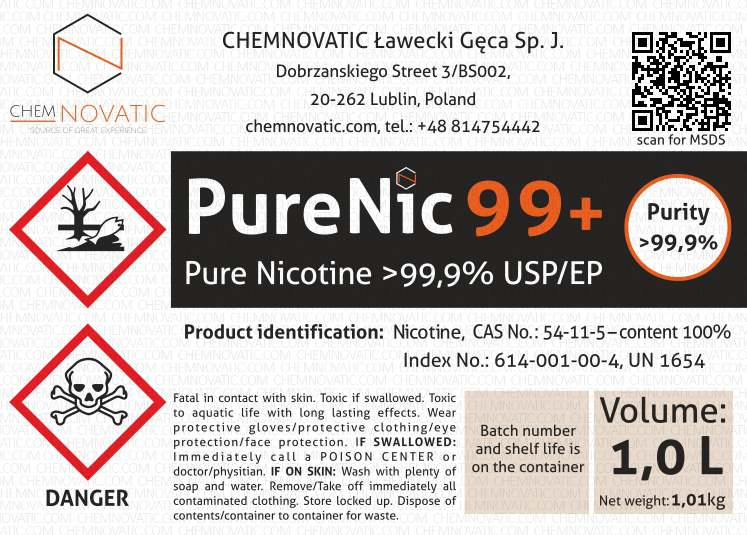 purenic 99+ pure nicotine liquid label
