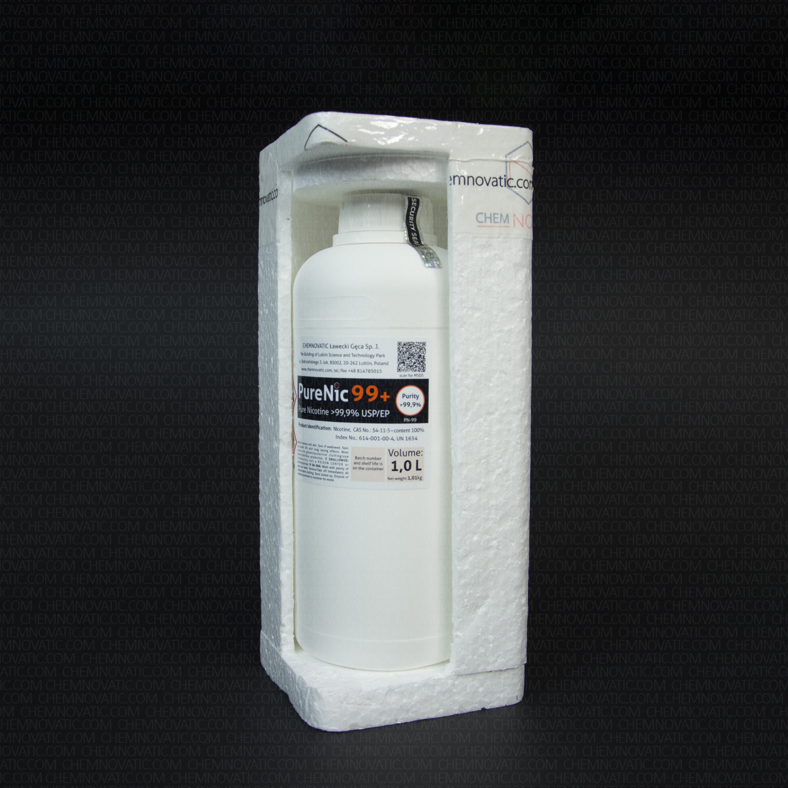 purenic 99+ pure nicotine liquid in a styrofoam packaging