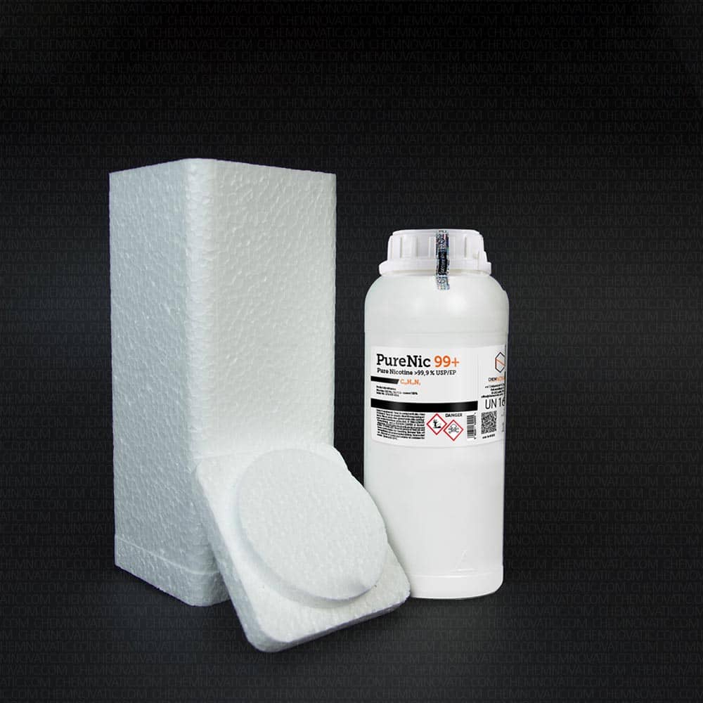 purenic 99+ pure nicotine liquid bottle near a styrofoam packaging