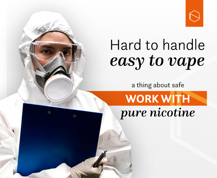a person with a safety uniform, half-mask, googles, and gloves, holding a clipboard, and a text: Hard to handle easy to vape, a thing about safe work with nicotine