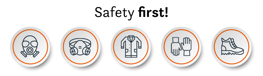 a text: Safety first! and 5 icons: gas mask, half-mask uniform, gloves and boots