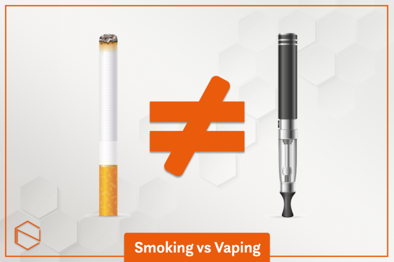 a cigarrete and a disposable vape, an inequality sign between them and a text: vaping smoking vs vaping