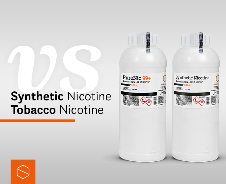 chemnovatic logo, 2 bottles: purenic 99+ and synthethic nicotine, and a text: synthethic nicotine vs tobacco nicotine