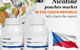 2 bottles of chemnovatic nicotine pouches flavorings - cherry and kiwi - a water twist with fruits inside and a text: how's it going for nicotine pocuhes in the Czech Republic?