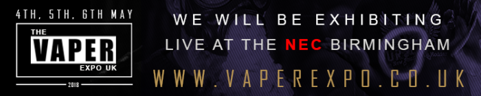 the vaper expo uk logo and a text: we will be exhibiting live at nec birmingham www.vaperexpo.co.uk