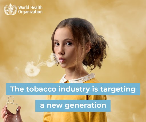 a girl holding a drawn e-cigarette with a smoke near hear mouth and a text: the tobacco industry is targetting a new generation