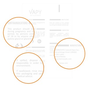 a text on a packaging flyer wiith 3 paragraphs circled and a vapy logo on top