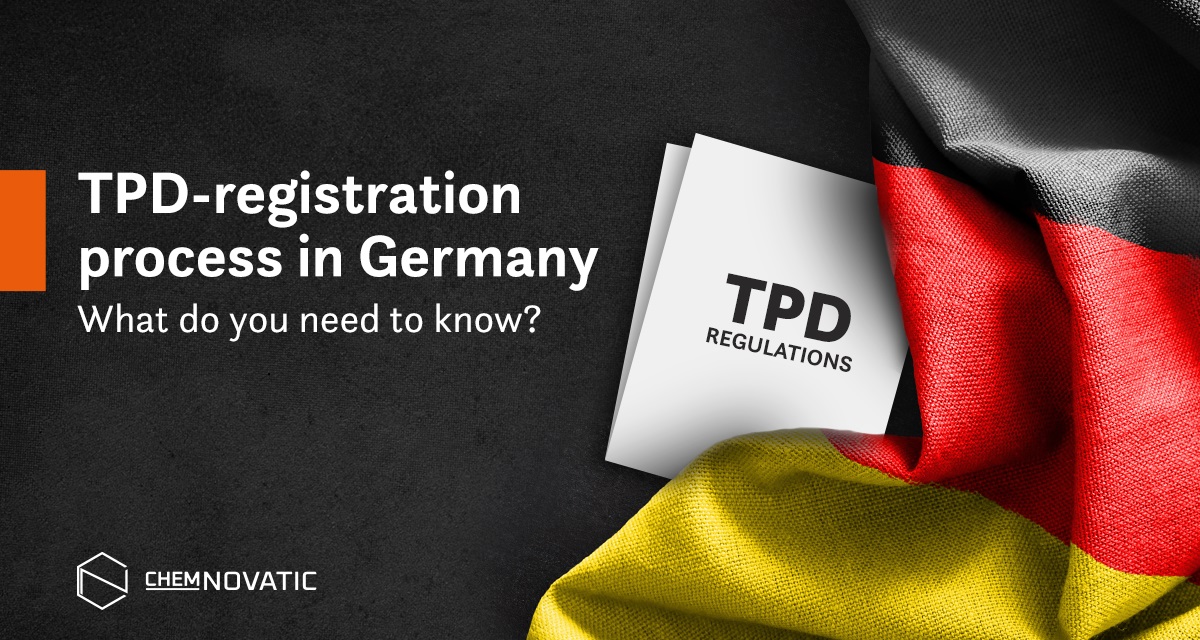 A German flague covering a paper with a text: TPD regulations; a text: TPD-registration process in Germany, what do you need to know?