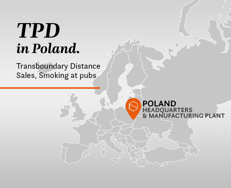 map of europe with Poland marked, chemnovatic logo in the marker, text near it: Poland, headquarters & manufacturing plant, and a text: TPD in Poland, transboundary distance sales, smoking in pubs.