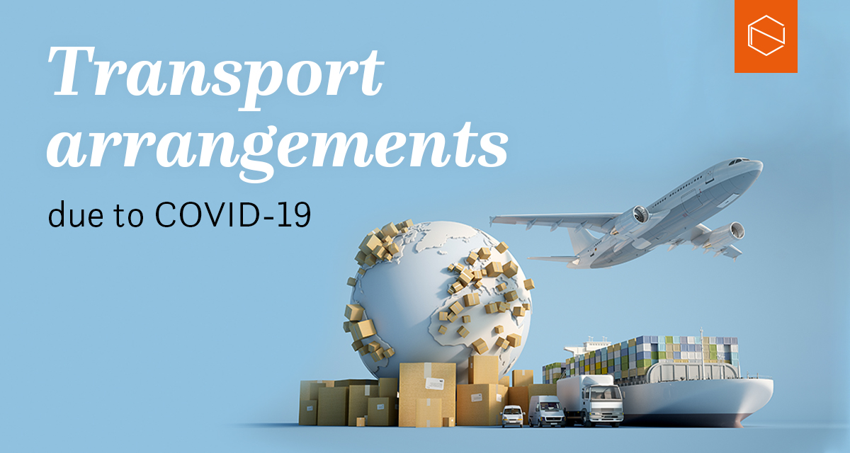 a plane, ship, truck, cars, boxes a globe with boxes on it, and a text: transport arrangements due to covid-19