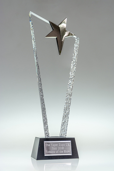 a glass award with golden star on top, award from the vaper expo uk 2018