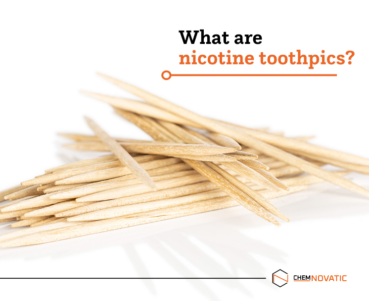 toothpicks and a text: what are nicotine toothpicks?, and chemnovatic logo in the bottom right corner