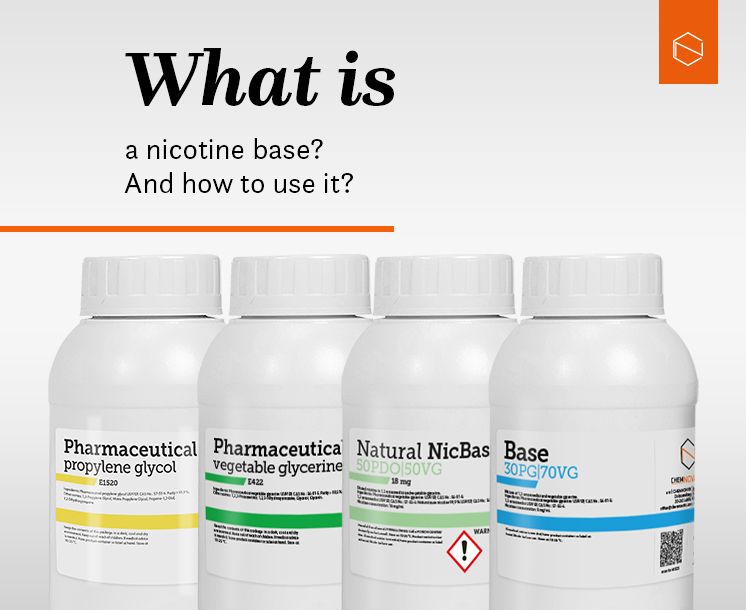 4 botles: parmaceutical propylene glycol PG, pharmaceutical vegetable glycerine VG, natural nicbase, and nicotine base nicbase; and a text: what is a nicotine base? And how to use it?