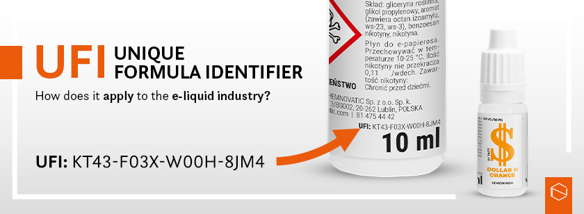 an e-liquid bottle with UFI number marked and a text: UFI - Unique formula identifier - how does it apply to the e-liquid industry?