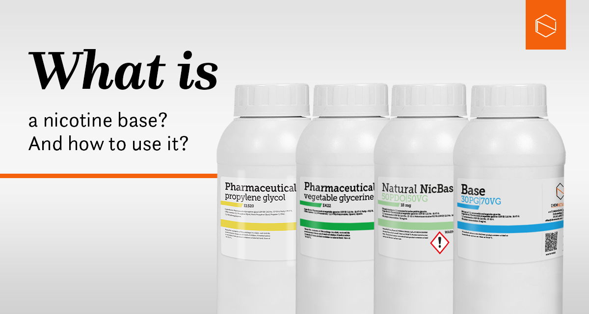 4 botles: parmaceutical propylene glycol PG, pharmaceutical vegetable glycerine VG, natural nicbase, and nicotine base nicbase; and a text: what is a nicotine base? And how to use it?