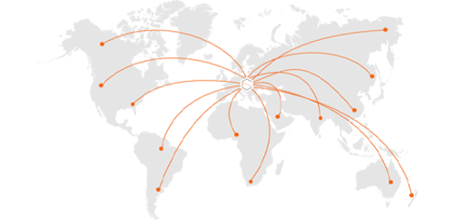 a world map with lines starting from Poland and reaching other parts of various continents