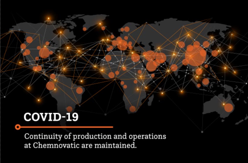 World map with orange spots liked with orange lines and a text: covid-19 | continuity of production and operations at chemnovatic are maintained.