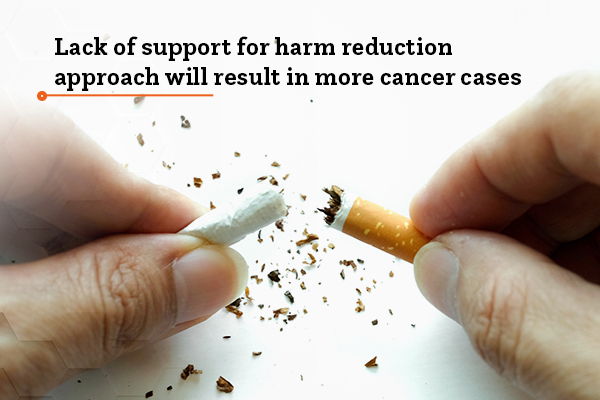 2 hands holding 2 parts of a broken cigarette and a text: lack of support for harm reduction approach will result in more cancer cases
