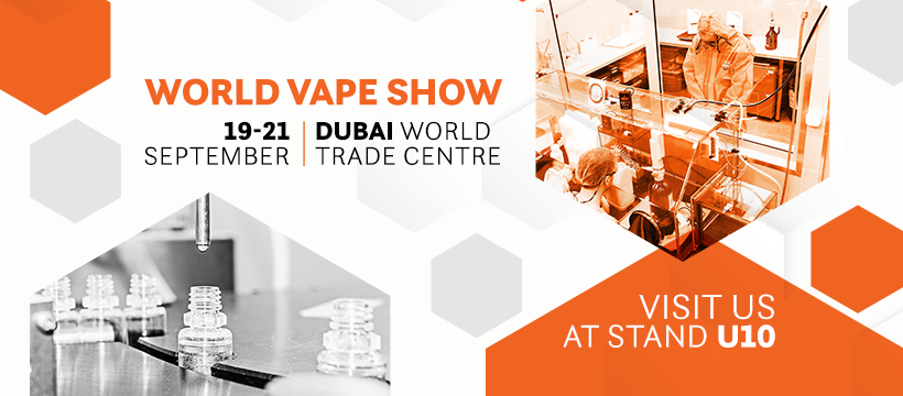 two people working with chemicals, a machine filling bottles and a text: world vape show, 19-21 september Dubai world trade centre visit us at stand u10