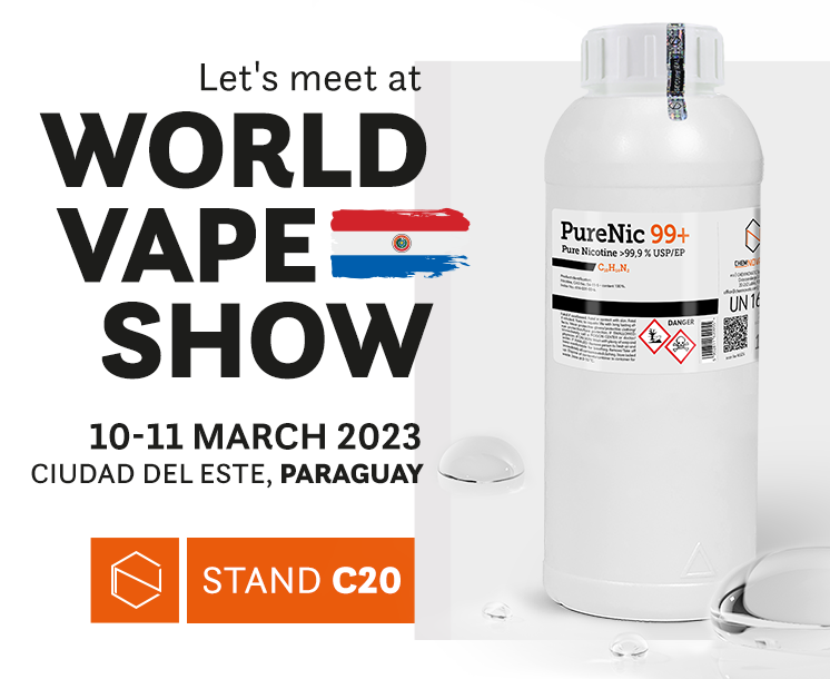 a bottle or purenic 99+, pure nicotine liquid, and a text: Let's meet at World Vape Show 10-11 march 2023, Ciudad del Este, Paraguay, Stand E25