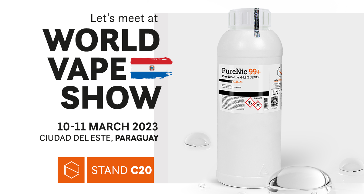 a bottle or purenic 99+, pure nicotine liquid, and a text: Let's meet at World Vape Show 10-11 march 2023, Ciudad del Este, Paraguay, Stand E25